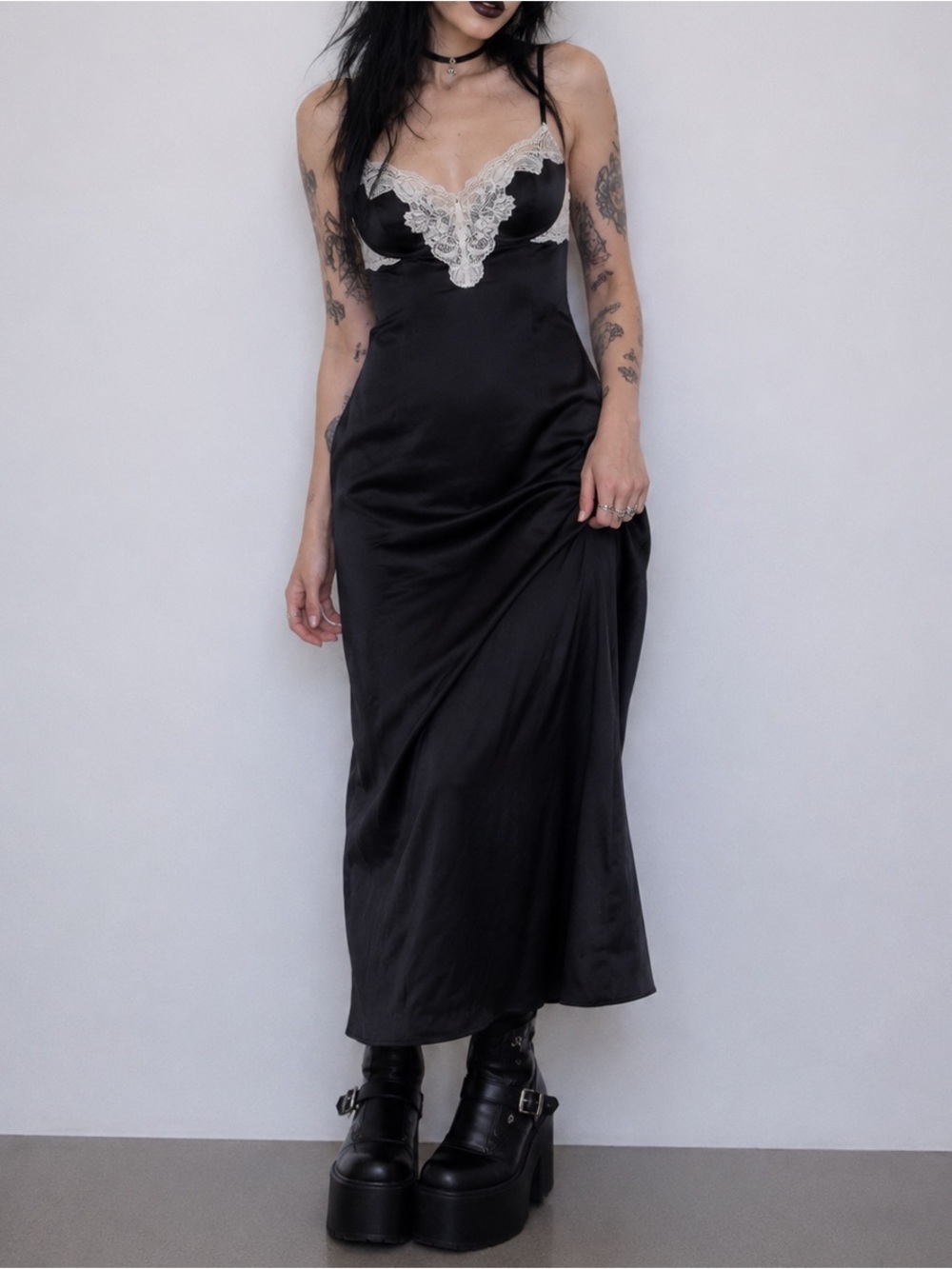 NK Imode Silk Black & White Lace Gown